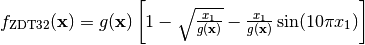 f_{\text{ZDT3}2}(\mathbf{x}) = g(\mathbf{x})\left[1 - \sqrt{\frac{x_1}{g(\mathbf{x})}} - \frac{x_1}{g(\mathbf{x})}\sin(10\pi x_1)\right]
