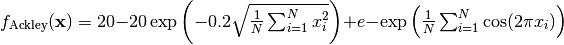 f_{\text{Ackley}}(\mathbf{x}) = 20 - 20\exp\left(-0.2\sqrt{\frac{1}{N}                             \sum_{i=1}^N x_i^2} \right)                            + e -                             \exp\left(\frac{1}{N}\sum_{i=1}^N \cos(2\pi x_i)                             \right)