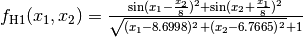 f_{\text{H1}}(x_1, x_2) = \frac{\sin(x_1 - \frac{x_2}{8})^2 +             \sin(x_2 + \frac{x_1}{8})^2}{\sqrt{(x_1 - 8.6998)^2 +             (x_2 - 6.7665)^2} + 1}