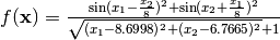 f(\mathbf{x}) = \frac{\sin(x_1 - \frac{x_2}{8})^2 +             \sin(x_2 + \frac{x_1}{8})^2}{\sqrt{(x_1 - 8.6998)^2 +             (x_2 - 6.7665)^2} + 1}
